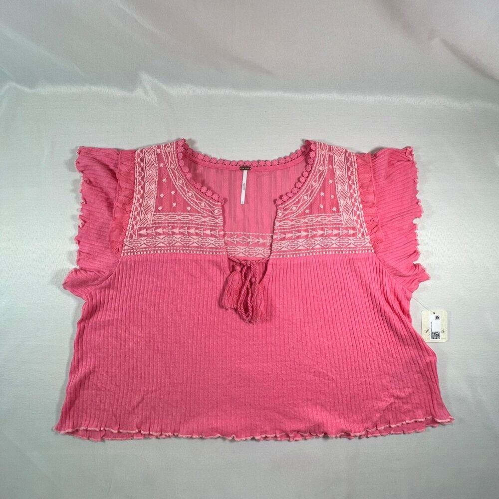 Free People NWT Large Embroidered Boho Flutter Sleeve Lettuce Hem Pink/Coral Top